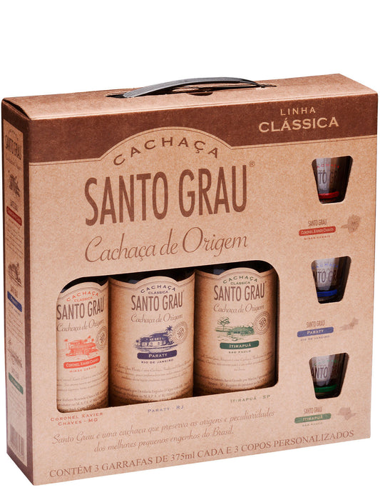 Kit Cachaça Santo Grau com 3 Garrafas 375ml e 3 Copos Exclusivos